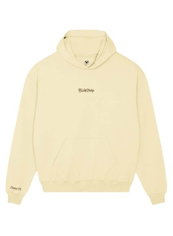 sudadera unisex butter cream, bordado en el pecho en nombre de blckshep y en la manga lleva bordado class25, 400 gramos, felpa no perchada, 100x100 algodon organico, dry handfeel, oversized