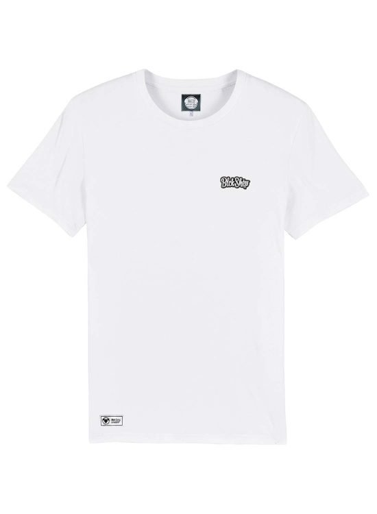 white classic tag, camiseta de 180 gsm blanca con parche bordador nombre de la marca